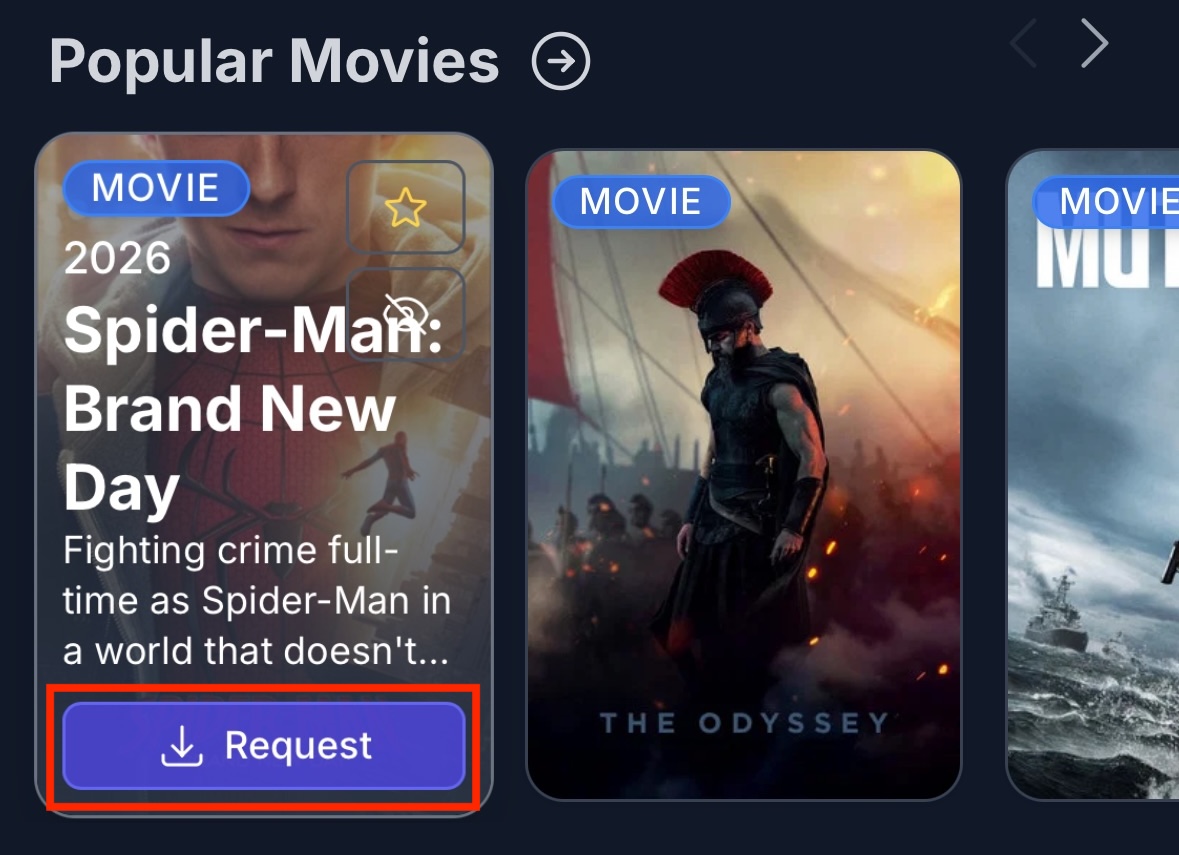 Gumb Request na kartici filma v seznamu priljubljenih