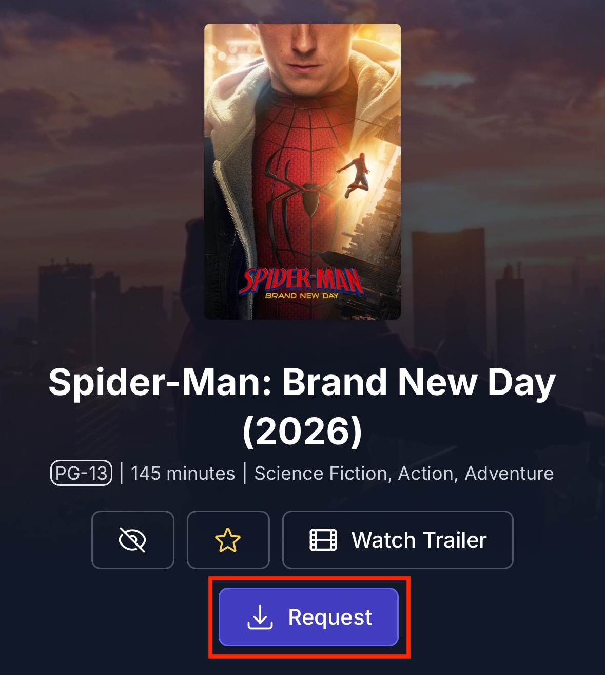 Gumb Request na strani s podrobnostmi filma